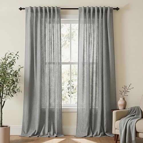 Mrs.Naturall Grey 52 by 90 Inches Long Back Tab Linen Blend Sheer Curtains