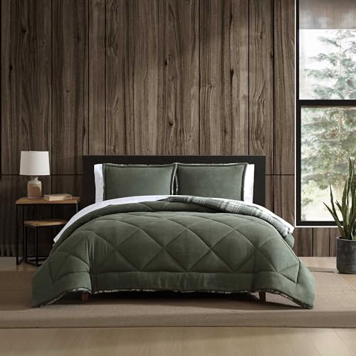 Eddie Bauer - King Comforter Set, Reversible Microsuede Bedding with Matching Shams, Super Soft Plaid Home Decor, Oeko-Tex Certified (Big Lake Plaid Green, King)