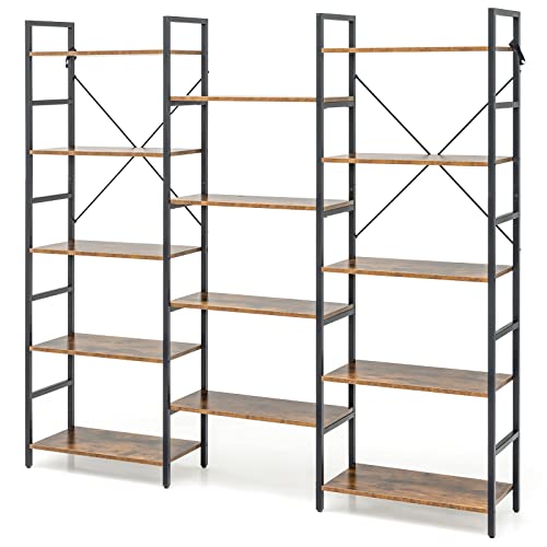 CASART Triple Wide 5-Tier Bookshelves, Industrial Bookcase Ladder Bookshelf with 14 Open Shelves & Metal Frame, Anti-Toppling Display Shelf for Living Room Study Bedroom Office (176 x 30 x 165cm)
