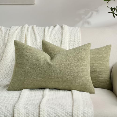 FUTEI Pack of 2 Solid Chenille Throw Pillow Covers 12x20 Inch Soft Farmhouse Decorative Accent Lumbar Pillowcases Modern Home Decor for Couch Living Room, Sage Green