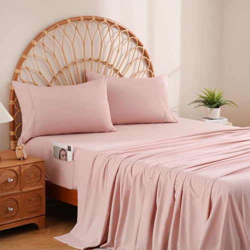JSD Dusty Pink Queen Size Sheet Set with Side Storage Pocket, 4 Piece Soft Brushed Microfiber Bed Sheets 16 inch Extra Deep Pocket