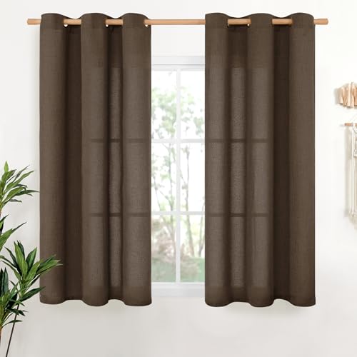 YoungsTex Brown Linen Curtains 48 Inch Length for Living Room Window, Light Filtering Drapes Semi Sheer with Bronze Grommet Privacy for Kitchen Bedroom, 42 x 48 Inch, 2 Panels