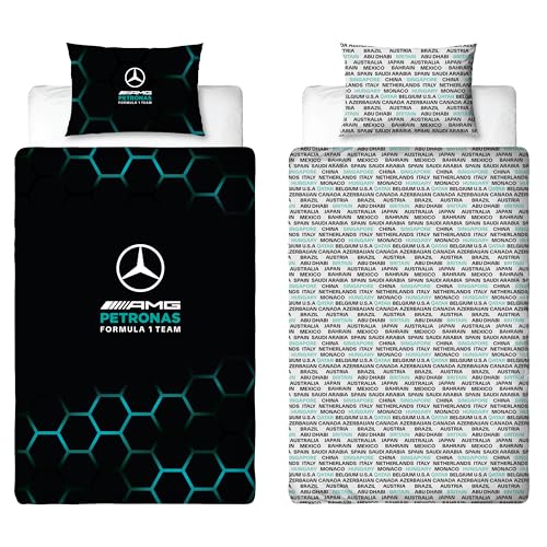 Mercedes AMG Petronas Official Single Duvet Cover Set, Ridge Design - Blue Reversible 2 Sided Formula 1 Bedding Cover Official Merchandise Including Matching Pillow Case - Polycotton