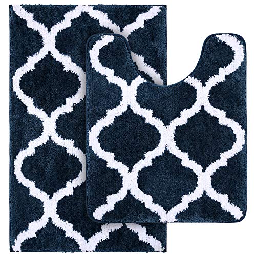 "OLANLY Bathroom Rugs Set 2 Piece Microfiber Bath Shower Mat and U-Shaped Toilet Rug, Machine Wash Dry, Non-Slip Absorbent Shaggy Bath Rug for Tub, Shower and Bath Room (30""x20""+24""x20"", Navy)"