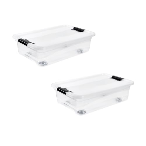 keeeper konrad 2 x Storage Box with Wheels, Lid and Sliding Closure, 59.5 x 39.5 x 18 cm, 28 L, Transparent