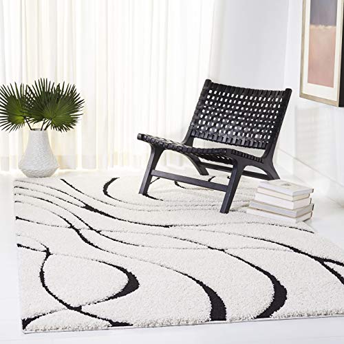 Safavieh Shag Rug for Living Room, Dining Room, Bedroom - Florida Shag Collection, High Pile, in Cream and Black, 122 X 122 cm