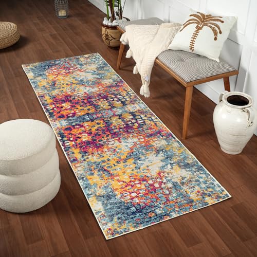Livabliss Amaya Chlef Abstract Runner Design – Living Room 80x220 cm, Hallway Dining Use, Modern Marble Look, Soft Luxurious Medium Pile, Easy Care, Navy Mustard Fuchsia Beige