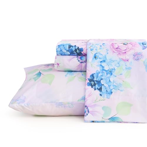 JSD Purple Hydrangea Floral Sheet Set Cal King, 4 Piece Printed Microfiber Bed Sheets Deep Pocket