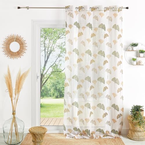 Homemaison QABANE - Lightweight Ginkgo Printed Voile Curtain - 100% Polyester - Translucent Fabric - 8 Round Eyelets Matte Silver Finish - Serene and Warm Atmosphere - Size 140 x 240 cm - Khaki
