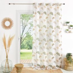 Homemaison QABANE - Lightweight Ginkgo Printed Voile Curtain - 100% Polyester - Translucent Fabric - 8 Round Eyelets Matte Silver Finish - Serene and Warm Atmosphere - Size 140 x 240 cm - Khaki