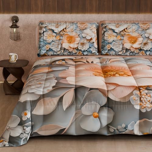 PETTI Artigiani Italiani - Winter Quilt, Winter Duvet, Double Sided Quilt, Solid Colour and Digital Floral Print 05 20, 100% Microfibre, Made in Italy