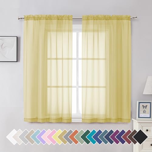 Aiyufeng Yellow Sheer Curtains 54 Inch Length 2 Panels Set, Light Filtering Airy Rod Pocket Yellow Window Curtain Treatment Drapes for Kitchen Bedroom Living, Each 42Wx54L Inches