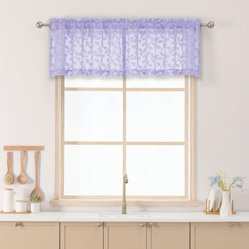"Chyhomenyc Light Purple Sheer Valances for Windows 14 Inch Length 2 Pcs, Light Filtering Leaf Textured Cafe Short Kitchen Curtains, Top Small Curtain for Living Room Bedroom Basement, 42"" W x 14"" L"
