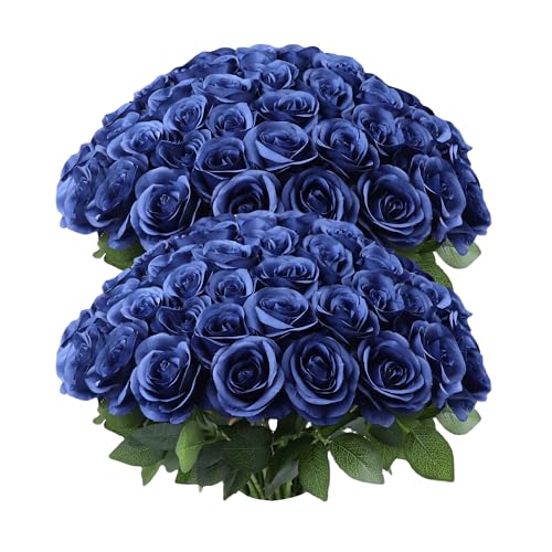 JUSMAI 50pcs Roses Artificial Flowers Navy Blue Fake Roses Flowers with Long Stems Silk Flowers for Wedding Bouquet Centerpices Decorations Party Bridal Baby Shower Home Decor