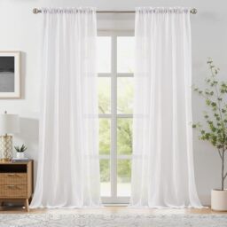 Melodieux White Sheer Curtains 84 Inches Long for Bedroom Living Room, Natural Cotton Linen Light Filtering Window Sheers, Farmhouse Rod Pocket Lightweight Curtain Drapes, 52”W x 84”L, 2 Panels