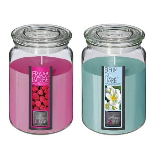 Well Home Set of 2 Scented Candles (Tiare Flower + Raspberry) 510 g in Glass Container Ø10 x H.14.5 cm