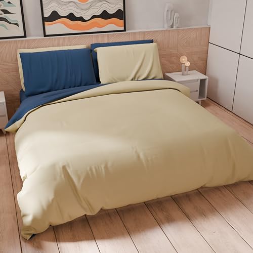 PETTI Artigiani Italiani - Double Duvet Cover Set 200 x 200 cm (2 Pillowcases 75 x 50 cm Included), Soft Microfibre Duvet Cover Set, Solid Colour Night Blue - Taupe