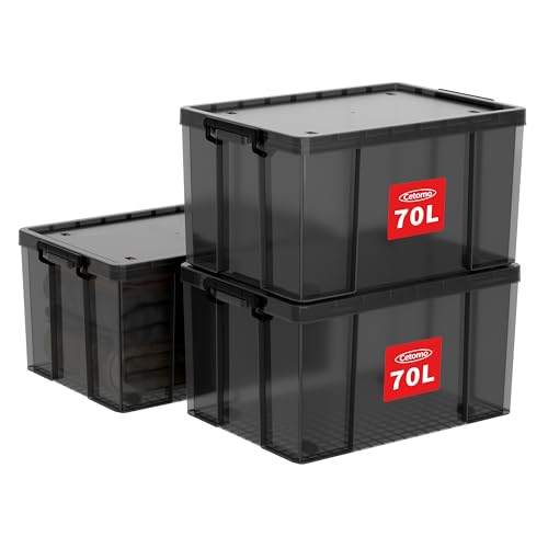 Cetomo 70L*3 Heavy-Duty Storage Boxes, Plastic Stackable Storage Box with Wheels, Storage Bins with Reinforced Corners, Vertical Sides and Clip Closure, Durable, Sturdy, Transparent Black, 70L-3Pack
