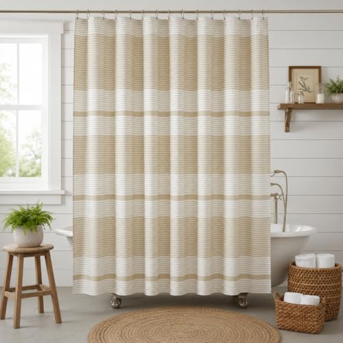 "Serafina Home Nautical Striped Taupe and White Fabric Shower Curtain: 100% Cotton Luxury Hotel with Detailed Decorative Weave for Bathroom 70"" x 72"" (Colt Taupe)"