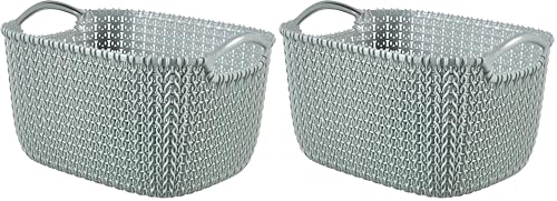 Curver Knit Medium Rectangular Storage Basket, Misty Blue, 8 Litre (Pack of 2)