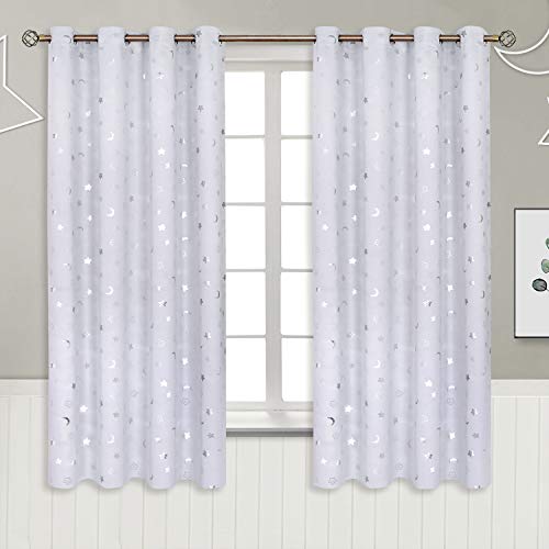 BGment Kids Blackout Curtains for Bedroom 63 Inch Long 2 Panels, Star and Moon Girls Decor Room Darkening Drapes for Nursery Baby Room, Greyish White, 52X63