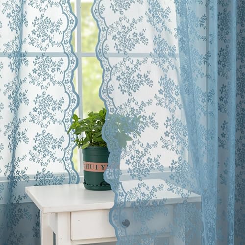 Slate Blue Lace Curtains 54 Inch Length 2 Panels for Bathroom Vintage Floral Kitchen Short Sheer Window Panels with Scalloped Edge Boho Coatal Small Window Treatments Rod Pocket W52 X L54 Denim Blue