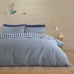 Catherine Lansfield Bamford Gingham Check Reversible King Duvet Cover Set with Pillowcases Navy Blue