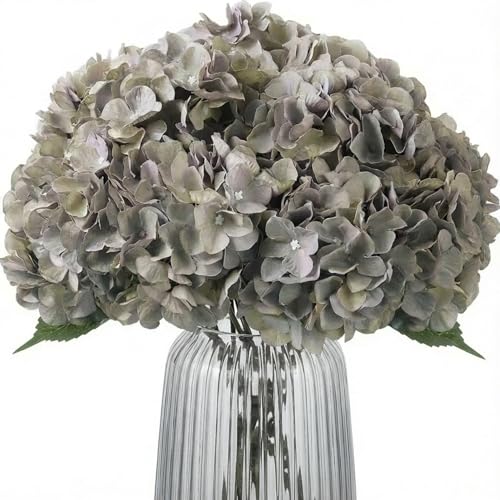 Blooming Paradise Artificial Fake Silk Flowers Hydrangea Wedding Bouquets Plastic Floral Decorations Home Kitchen Garden Party Festival Bar DIY Gray Green,5 Flower Heads