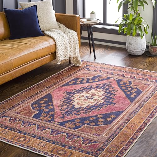 Livabliss Valentina Ezbet Machine Washable Floor Covering 160x220 cm – Vintage Boho Style for Living Room, Dining & Hallway, Easy Care, Dark Blue, Rose & Burnt Orange