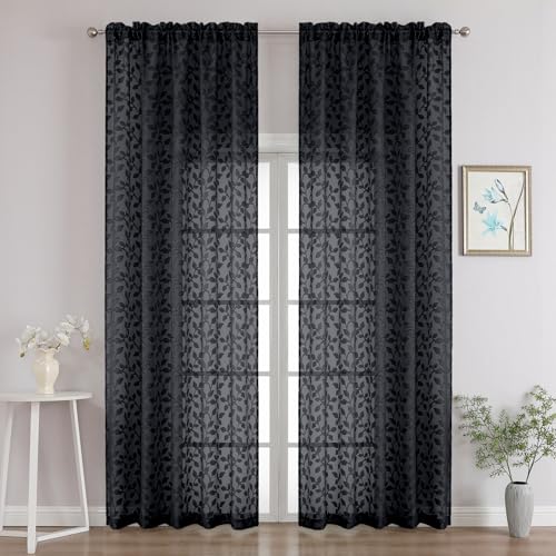 "Chyhomenyc Black Sheer Curtains 96 Inch Length 2 Panels Set, Light Filtering Tufted Textured Soft Airy Rod Pocket Gentle Leaf Window Treatment Drapes for Bedroom Living Room, 52"" Wx96 L, 2PCS"