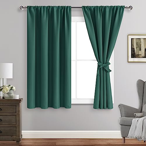 JIUZHEN Blackout Curtains for Bedroom - Thermal Insulated,Noise Reducing Room Darkening Privacy Rod Pocket Drapes for Living Room, Set of 2 Panels with Tiebacks, 42 x 54 inch Long, Forest Green