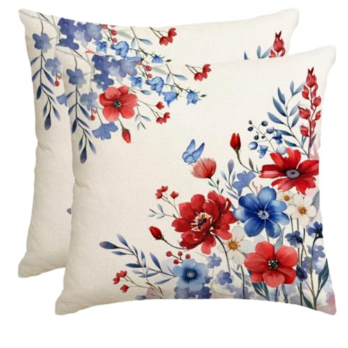 RABUSOFA 4th of July Memorial Day Patriotic Throw Pillow Cover,16x16 Inch Red White and Blue Flowers Independence Day American Fourth of July Decoration for Sofa Couch Set of 2