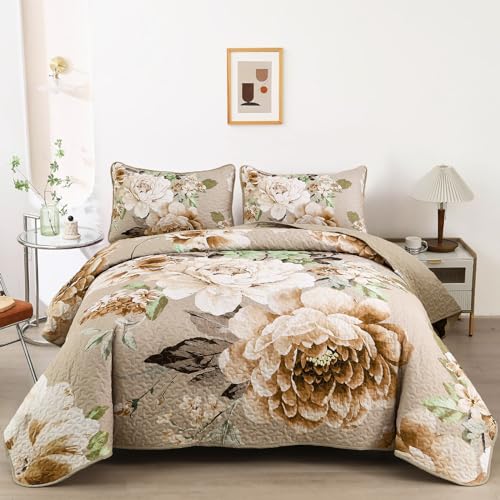 WONGS BEDDING Fall Floral Quilt Set Khaki King,3 Pieces Botanical Quilted Printed Bedspreads Bedding Set for All Season Lightweight Reversible Taupe Coverlet Set with 2 Pillow Shams