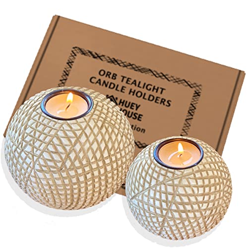 Luca Orb Candle Holders (Gift Boxed Set of 2), Table Centerpieces for Dining or Living Room, Spa, Bathroom, Kitchen Counter, Mantle or Coffee Table Decor (Grid Pattern, Beige and White)