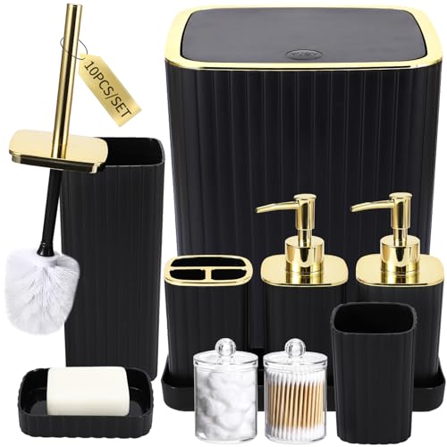 XLHOMO Black and Golden Bathroom Accessory - Bathroom Accessory Set, Toilet Brush, Press Up Lid Trash Can, Qtip Holder & Soap Dispenser