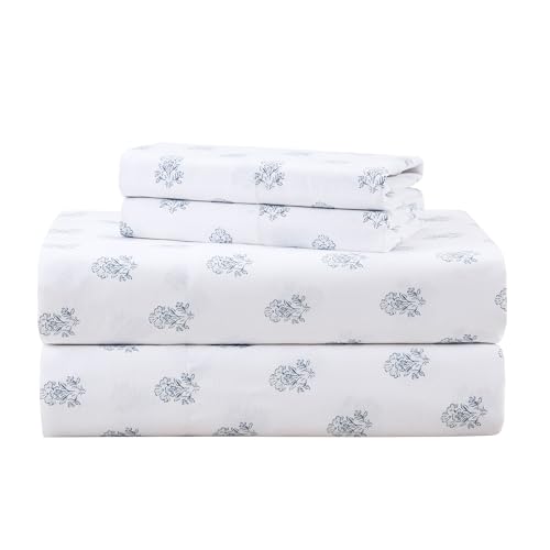 "Comfort Spaces 100% Cotton Sheets Twin, Breathable, Naturally Cool Cotton Sheets, Soft Cotton Bed Sheets with 12"" Elastic Pocket Fits up to 14"" Mattress, All Seasons Sheet Set, Floral Blue 3 Piece"