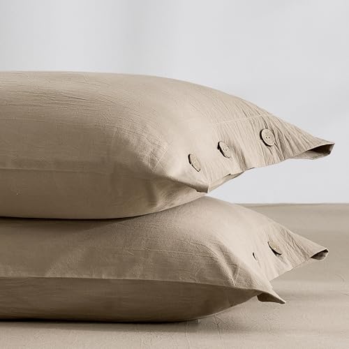 JELLYMONI 100% Washed Cotton Pillowcases, Standard, Button Closure - OEKO-TEX Certified, Pre-Shrunk, Natural Wrinkles, Linen-Look Texture for Everyday Bedding, Set of 2, 20 x 26 in