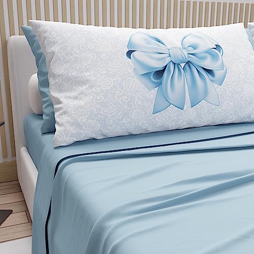 PETTI Artigiani Italiani - Cotton Sheets with Pillowcases in Digital Print, for Double Bed, Complete Top and Bottom Sheet with Corners, Light Blue, 100% Made in Italy