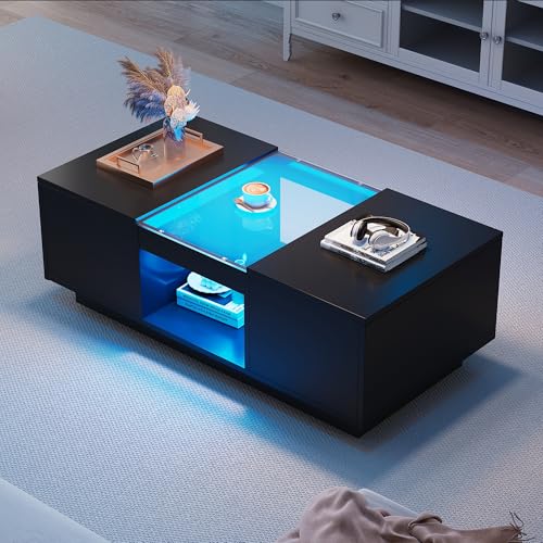 Ball & Cast High Gloss Coffee Table with Storage, LED Light and 2 Tiers & 2 Drawers, Black Modern Rectangle Coffee Table with Drawers for Living Room, Black