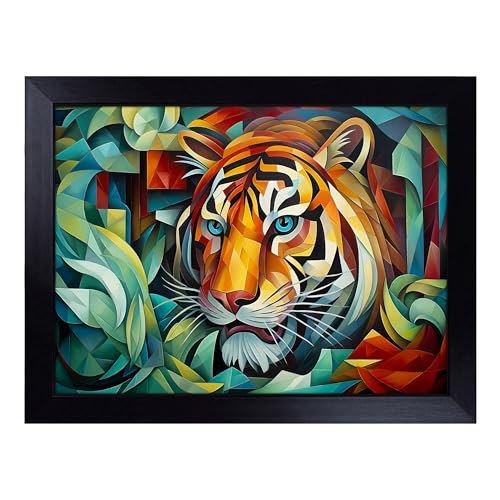 Lap Tray with Bean Bag Cushion, Tiger Cubism - Handmade in the UK, Raised Wooden Edge, Padded Cushion, Heat-Resistant Wipe-Clean Surface, for Meals, Laptops and Crafts