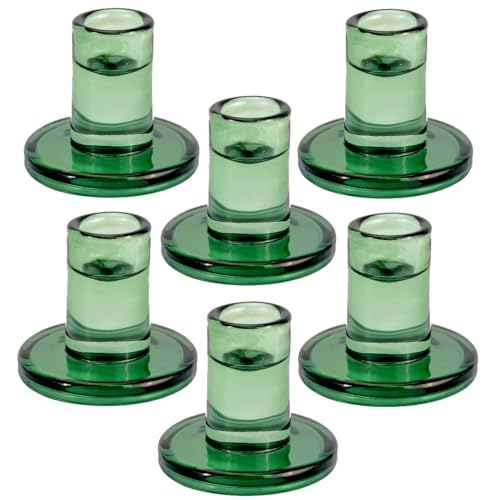 TELOSMA Green Glass Candlestick Holders 6PCS, Short Candle Holders fit to Taper Candles which Diameter 5/6-7/8 inch- Summer Dinner Table Decor, Winter Windowsills/Fireplace Mantel Centerpiece