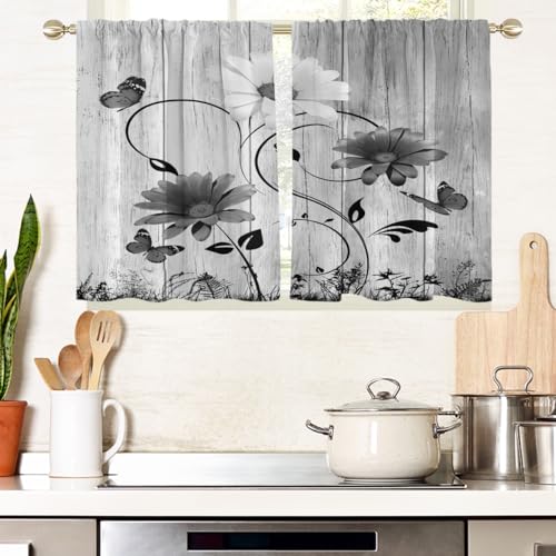 "AAtter Black Floral Kitchen Curtains, 27.5"" W x 36"" L, 2 Panels Rod Pocket - Grey and White Farmhouse Window Drapes, Moody Gothic Daisy Butterfly, Country Vintage Wildflower, Small Short Bathroom Tiers"