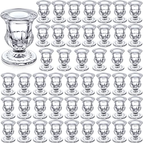 48 Pieces Glass Taper Candle Holders 2.5 Inch Clear Glass Taper Candlestick Holders Bulk Elegant Glass Candle Holders for Table Centerpiece Wedding Christmas Thanksgiving Party Decor (Clear)