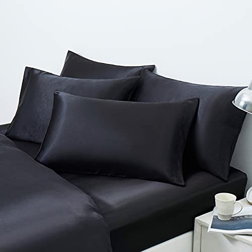 Ersmak Satin Pillowcase Queen Set of 4, Ultra Soft & Silky Satin Pillow Cases for Hair and Skin, Wrinkle Fade Resistant Pillow Covers with Envelope Closure (Black)