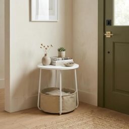FurnitureR Modern Hallway Furniture Set White Round Side Table with Beige Fabric