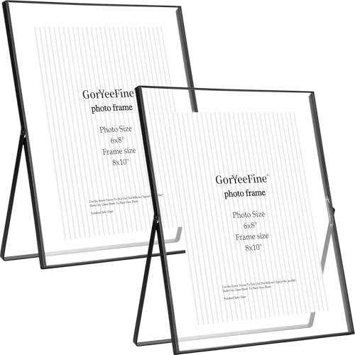 GorYeeFine Black 8x10'' Floating Frame Set of 2,For Photo Sizes (5x7'',6x8'' 7x9''),Beautiful Metal Beaded Frames Adjustable Tabletop/Shelf Photo Frame,Classy Gift Choice for Wedding
