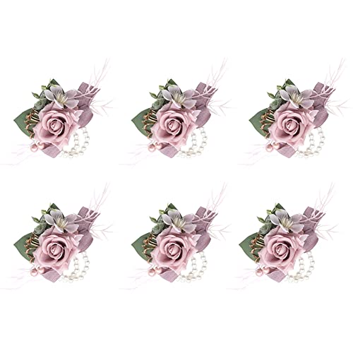 Ansofi Dusty Pink Wrist Corsage Set of 6 for Wedding Prom Party, Artificial Flower Wrist Corsage Bracelets, Homecoming Corsage Wristlet, Corsage Flowers for Bride, Bridesmaid, Girl