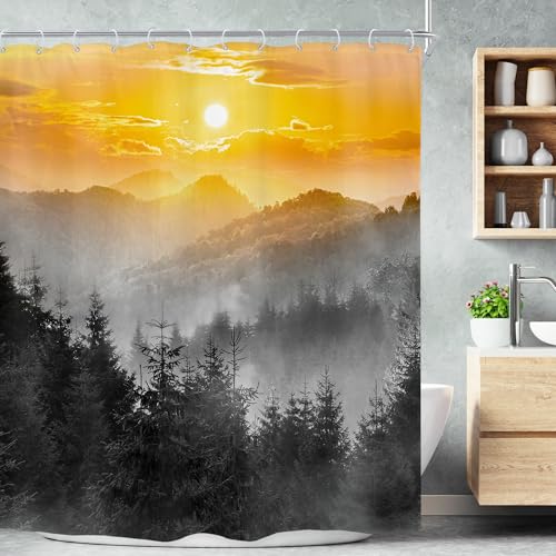 "Mountain Grey Foogy Misty Woodland Pine Bathroom Shower Curtain Set - 60""W x 72""L shower curtain??? Tree Rustic: HD waterproof print, quick-dry cloth, free hooks for easy installation."