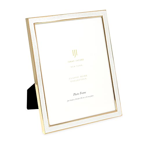 Isaac Jacobs 8x10 White Leather with Gold Metal (Vertical & Horizontal) Picture Frame, Suede Border w/Black Fabric Easel, Wall-Mountable, Made For Tabletop, Photo Gallery (8x10, White W/Gold)