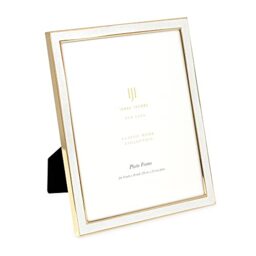 Isaac Jacobs 8x10 White Leather with Gold Metal (Vertical & Horizontal) Picture Frame, Suede Border w/Black Fabric Easel, Wall-Mountable, Made For Tabletop, Photo Gallery (8x10, White W/Gold)